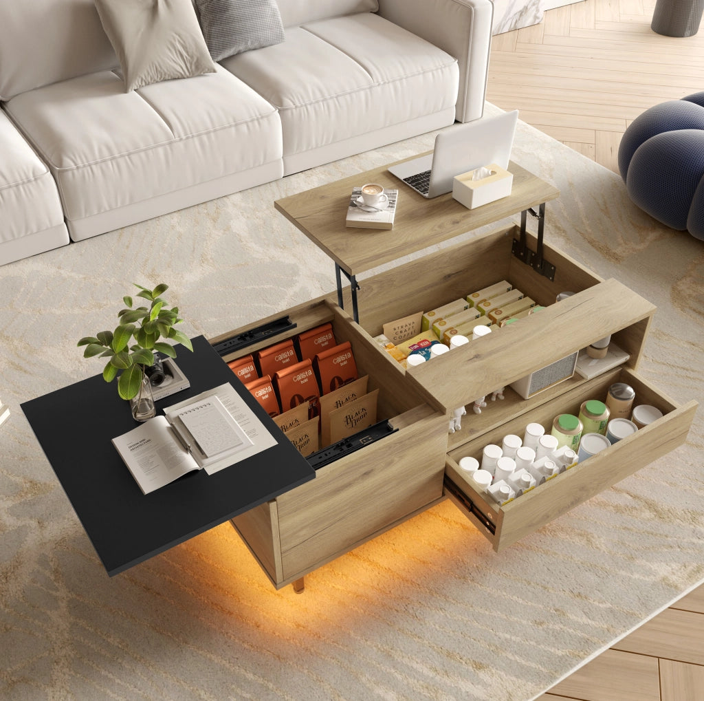 Tavolino da caff¨¨ 103,5x50 cm con piano sollevabile, LED blu e vani