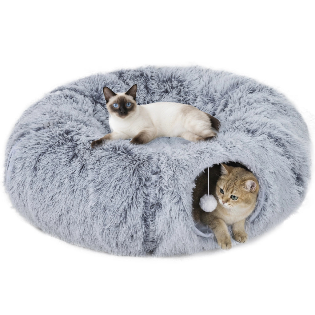 Tunnel per Gatti da Interno con Cuccia a Ciambella e Cuscino Lavabile, in Morbido Peluche, Grigio Chiaro, 90x80x27cm