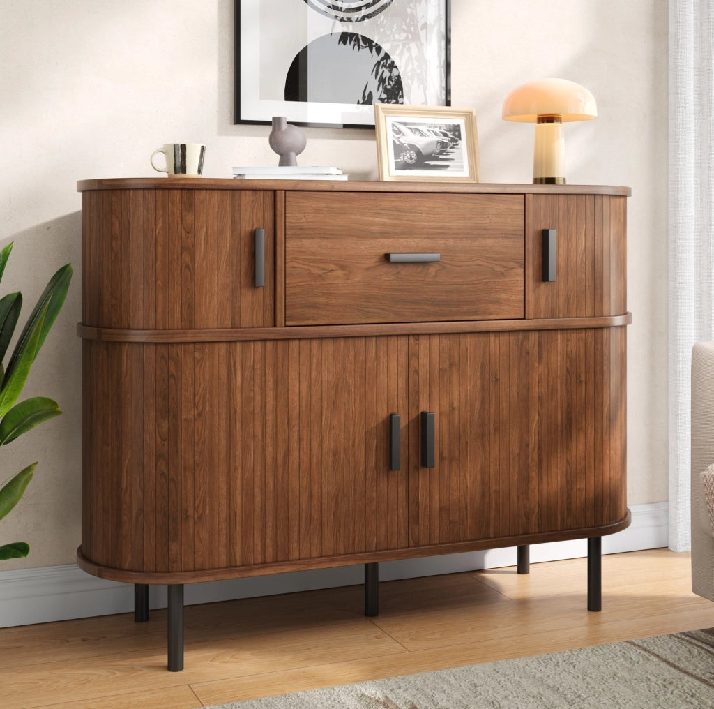 Credenza 2 livelli 110x35x81,5 cm noce in MDF con ante scorrevoli e cassetto