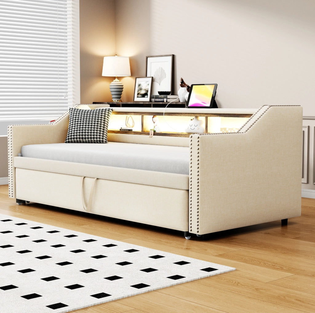 Divano letto estraibile imbottito 90/180x190 cm beige con LED USB