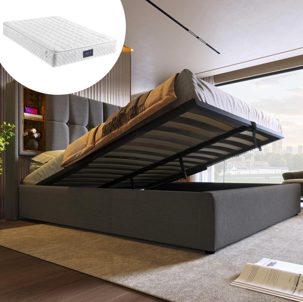 LETTO Imbottito 140x200 cm Cotone Grigio con ricarica wireless USB e Type-C
