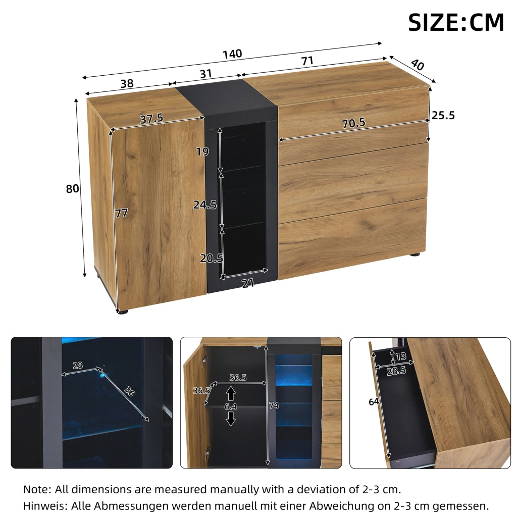 Sideboard moderno 140 cm con LED APP; 3 cassetti; ripiani in vetro; nero e marrone