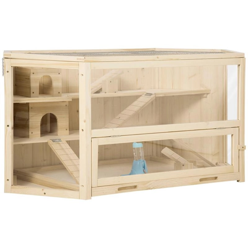 CASETTA PER CRICETI IN LEGNO A 3 LIVELLI, CASA PER CRICETI E PICCOLI RODITORI CON TETTO APRIBILE E PARETE TRASPARENTE, 115X60X55CM