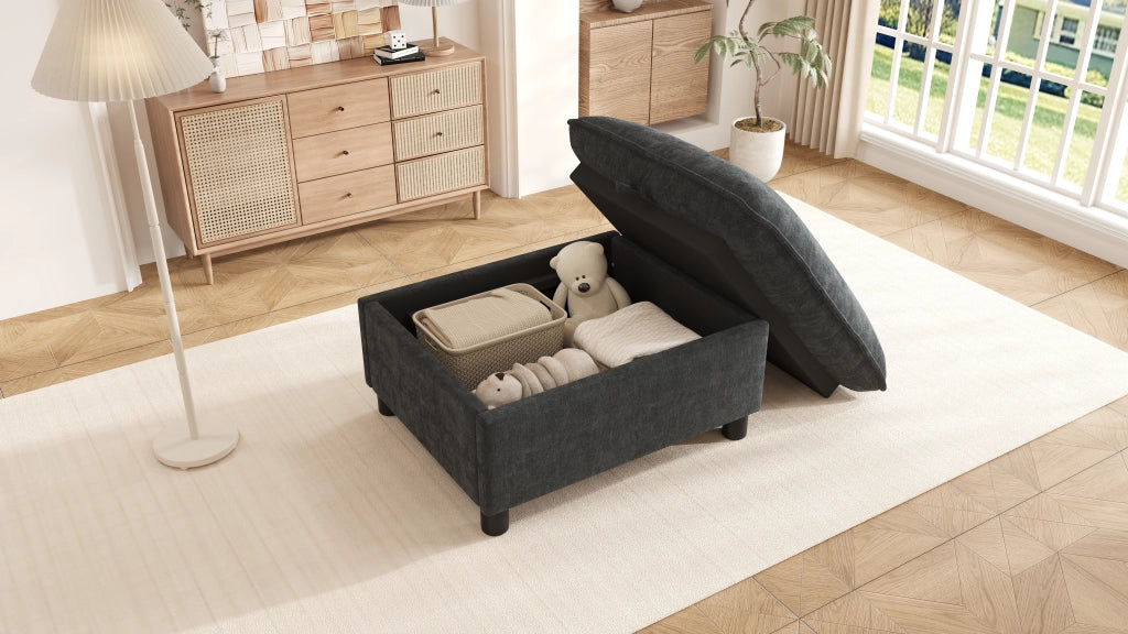 Pouf contenitore imbottito in ciniglia grigio con gambe da 8 cm, 98 × 65 × 48 cm per soggiorno e camera
