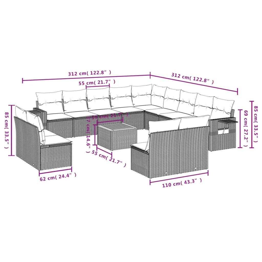 Set Divani da Giardino 14pz con Cuscini in Polyrattan Nero 3224817