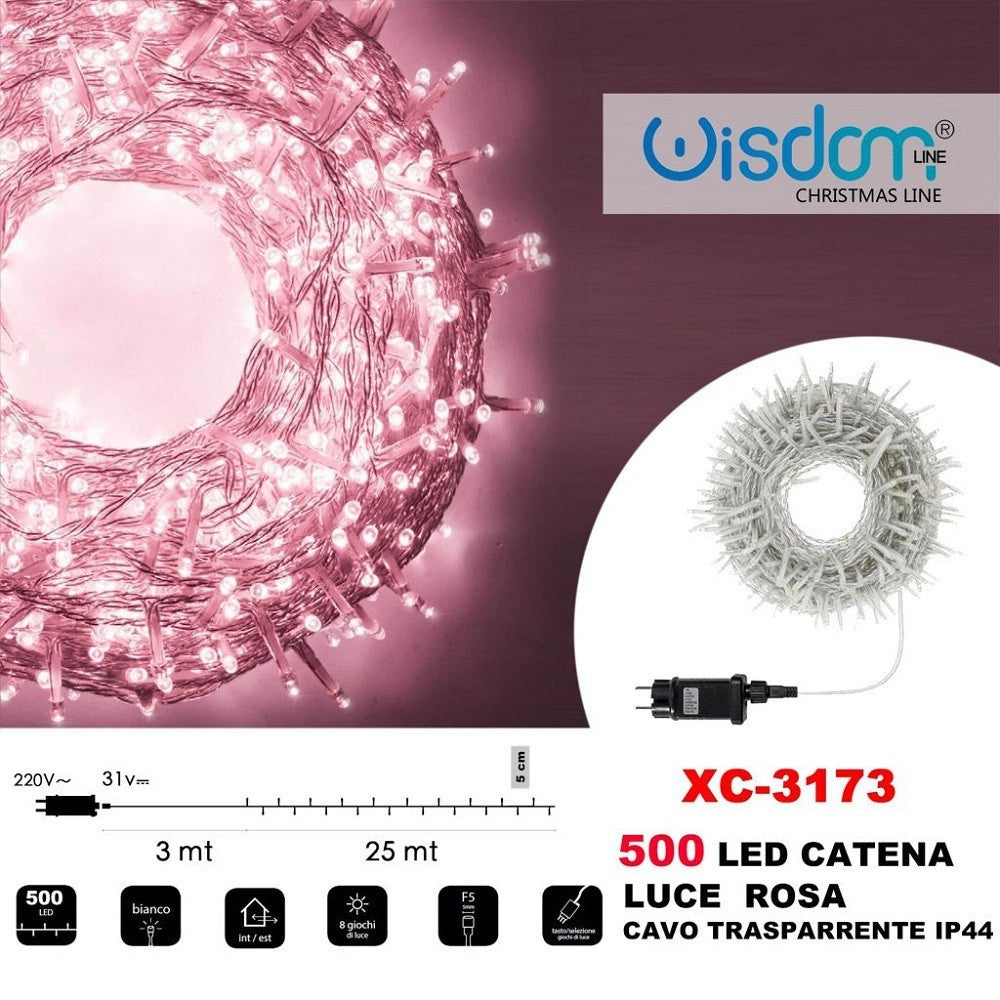 Trade Shop - Catena Luminosa 500 Luci Led Lucciole Luce Rosa Cavo Trasparente Ip44 Xc-3173 -