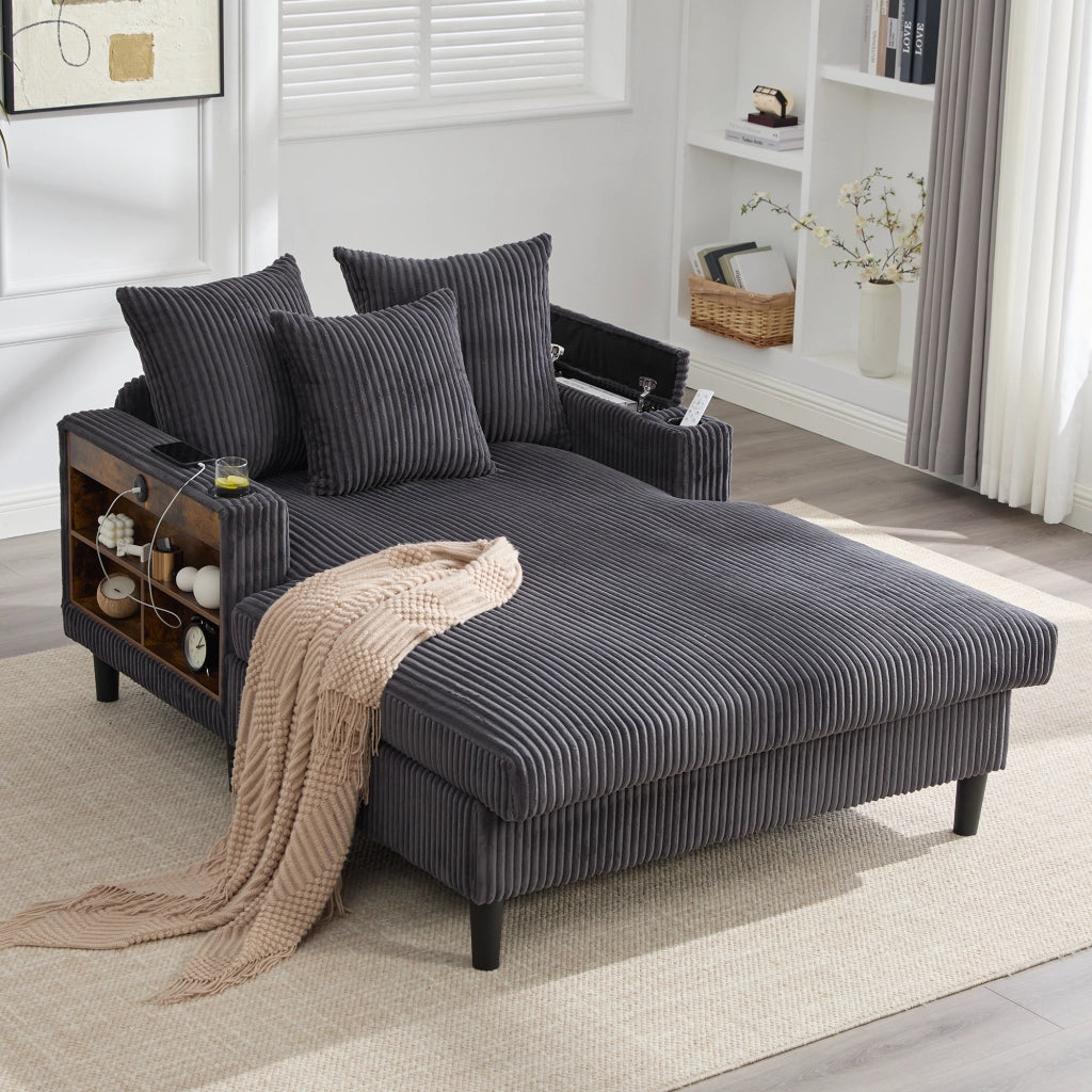 Divano Angolare con Chaise Longue e Contenitore ¨C MINIMAL ¨C Velluto a Coste, LED, USB
