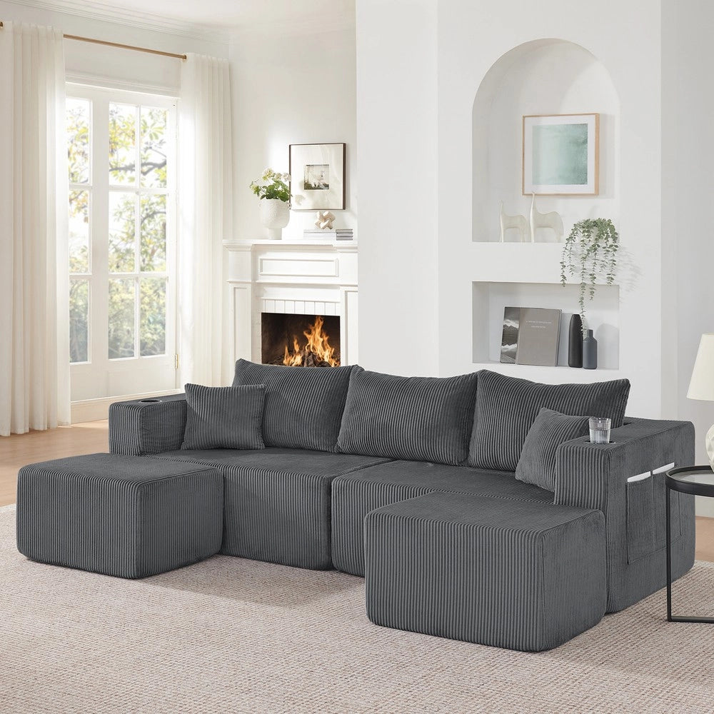 Divano angolare 3 posti ¨C Minimal ¨C velluto grigio imbottito con cuscini