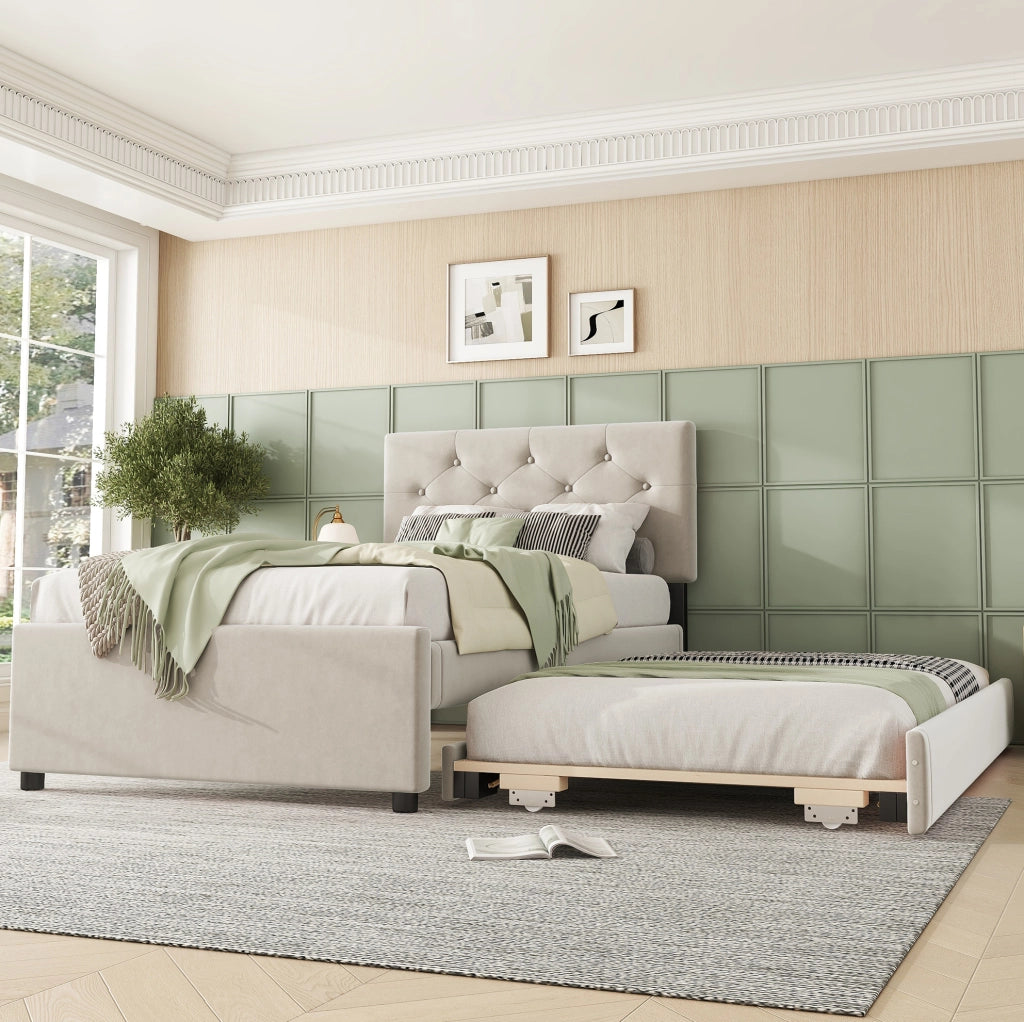 Letto imbottito 90x200 cm con letto estraibile beige