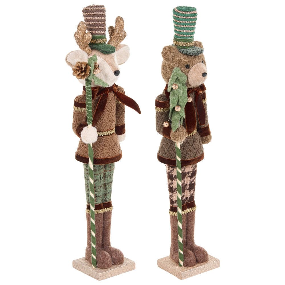 Set di 2 statuette schiaccianoci marroni a forma di orso e renna fatte a mano, decorazioni natalizie