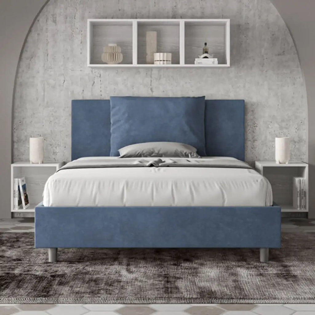 Letto matrimoniale francese con rete imbottito 140x210 microfibra blu Antea