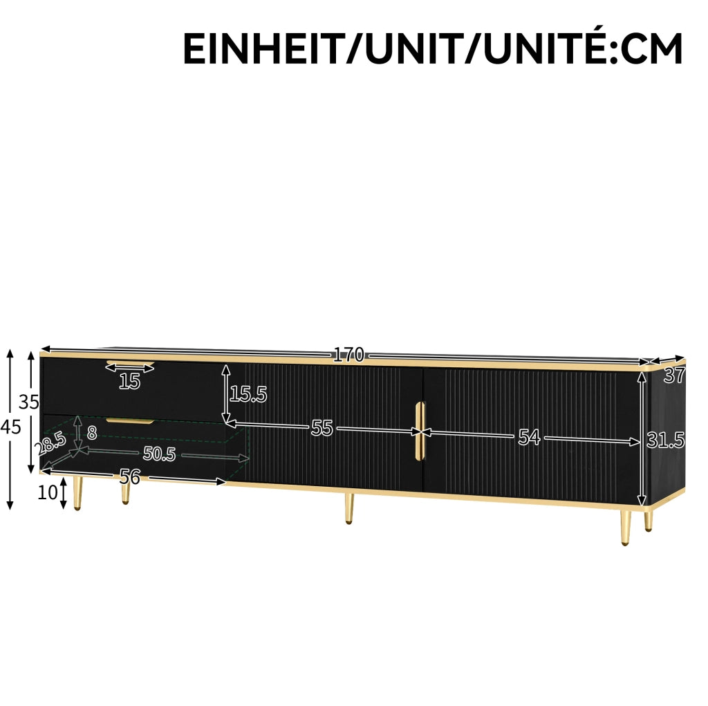 Mobile TV 170x45x37 cm con 2 cassetti e vani chiusi in MDF nero e oro