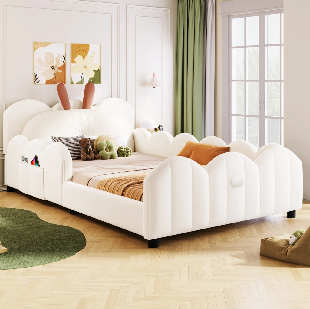 Letto a piattaforma imbottito 90x200 cm con cuscino a forma di coniglio; beige