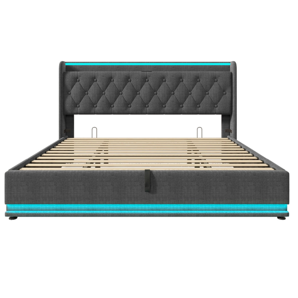 Letto imbottito grigio 180x200 cm con contenitore idraulico; LED e USB Tipo-C