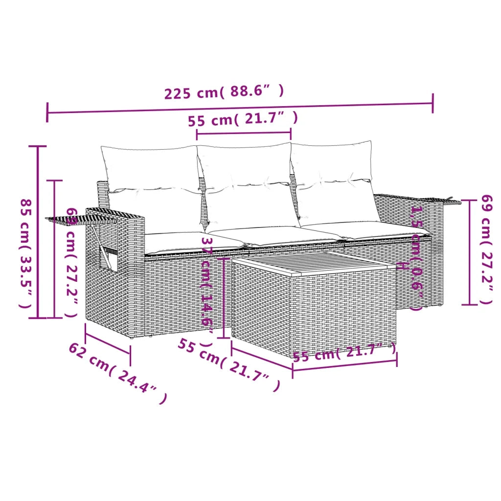 Set Divano da Giardino 4 pz con Cuscini Beige in Polyrattan 3224434