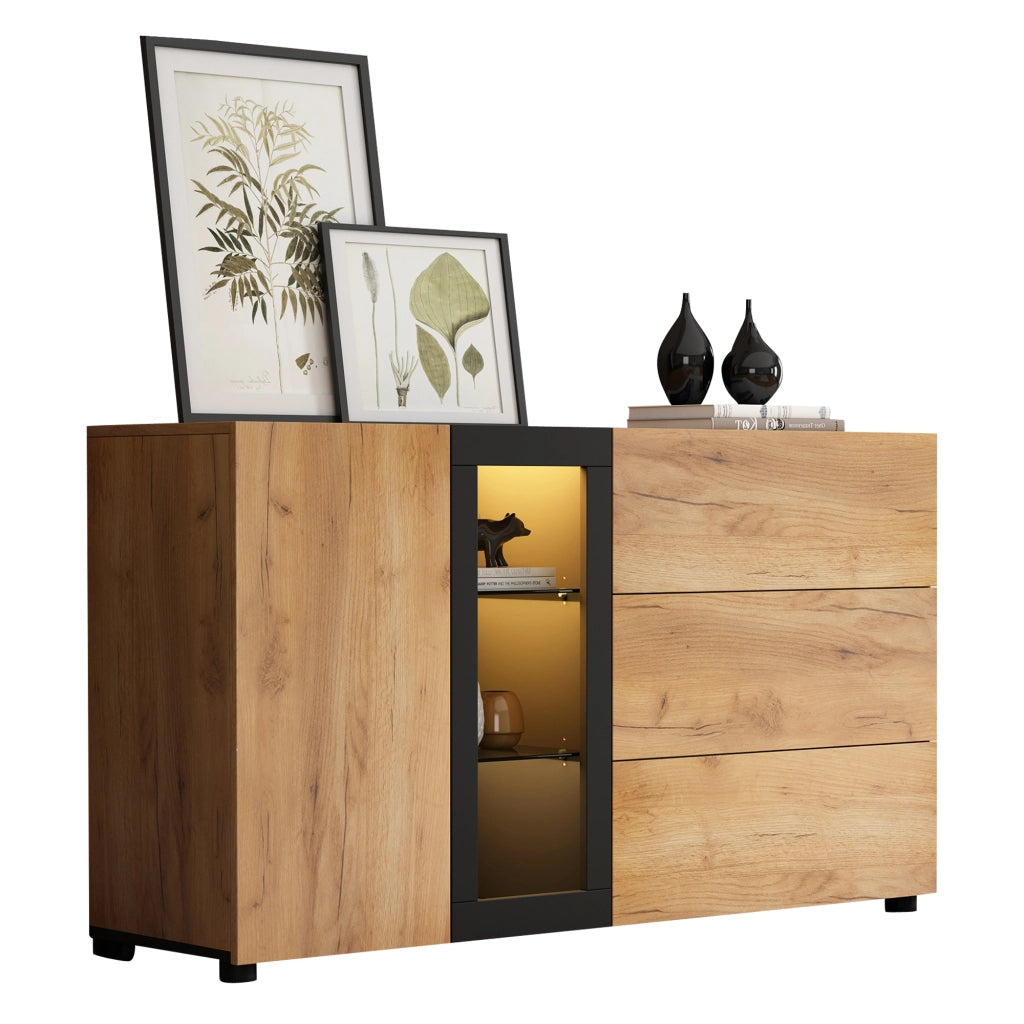 Sideboard moderno 140 cm con LED APP; 3 cassetti; ripiani in vetro; nero e marrone