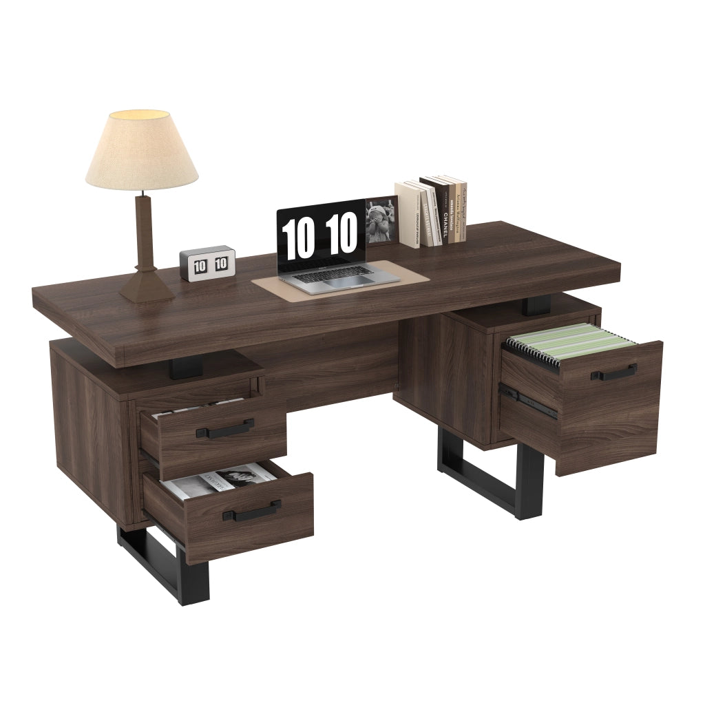 Scrivania da ufficio 135x54 cm con 2 cassetti e vano portadocumenti; MDF e metallo nero/marrone