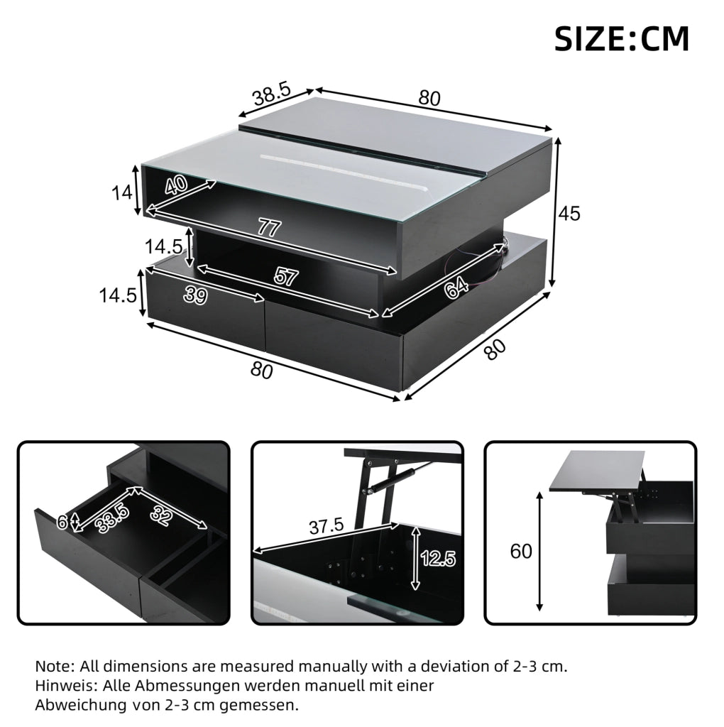 TAVOLINO da caffè 80x80x45 cm nero con LED e 2 cassetti