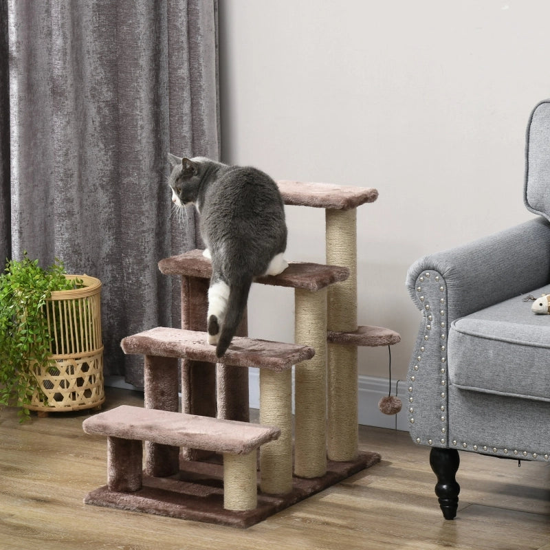 Scala per gatti con tiragraffi a 4 livelli in legno marrone 60 × 40 × 64 cm con pallina, fino a 5 kg
