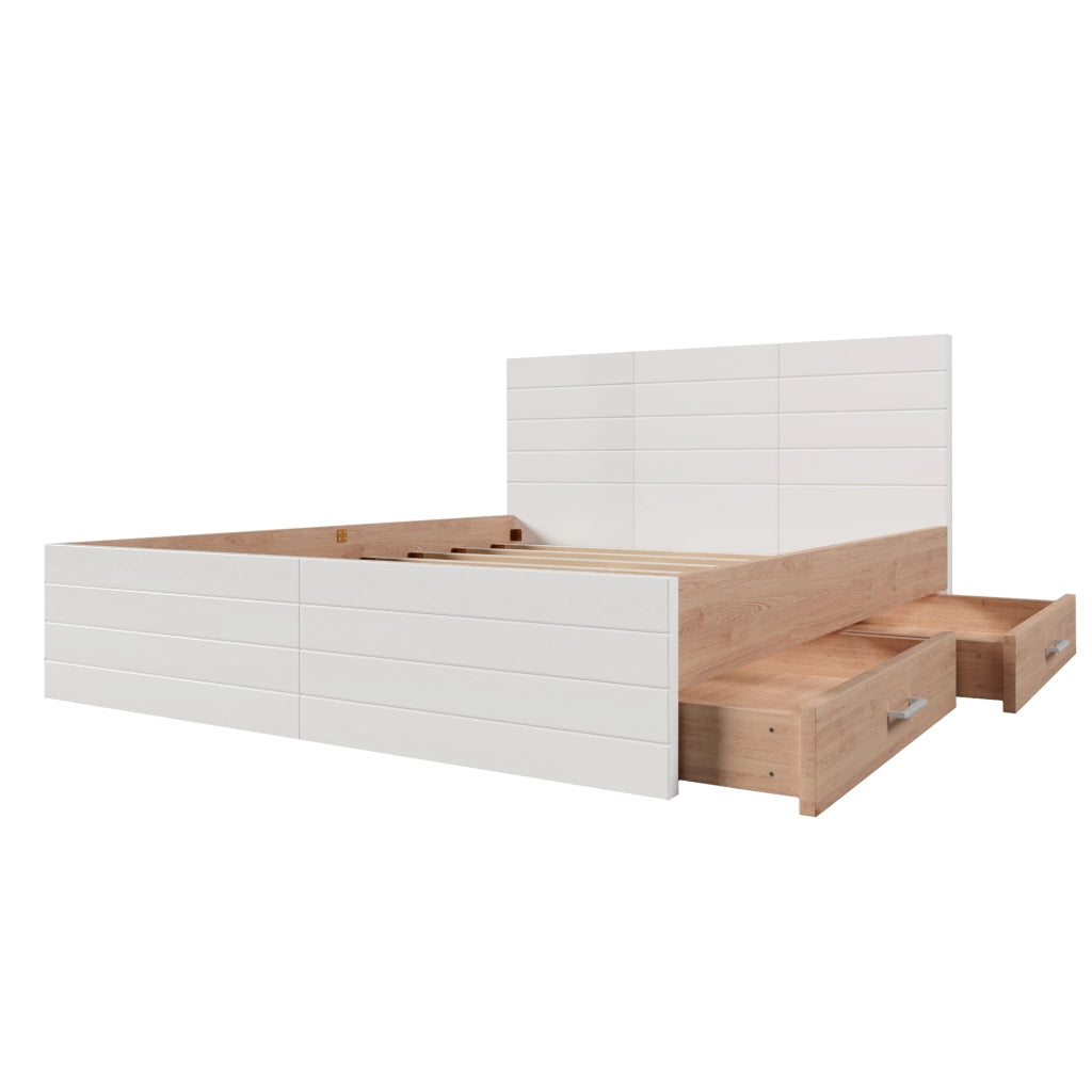 Letto matrimoniale 180x200 con due cassetti bianco e rovere