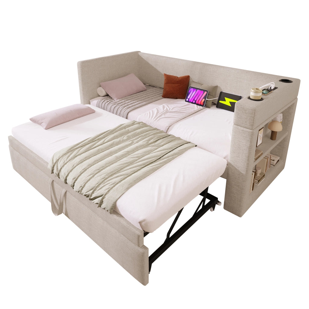 Letto singolo estraibile 90 × 190 cm con USB Type-C portabicchieri in cotone e lino beige