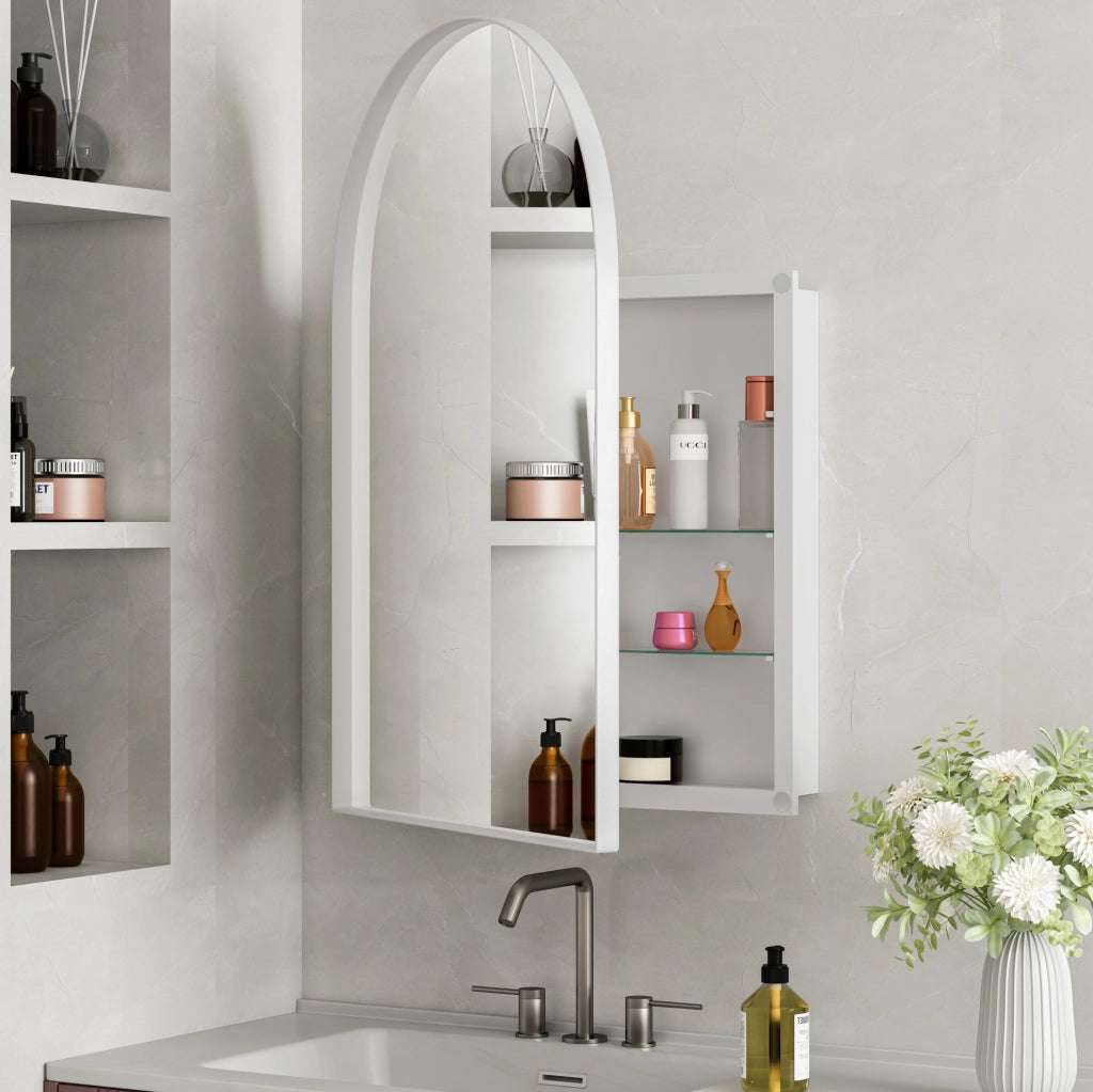 Armadio Specchiera ad Arco Incassato con Cornice Metallica, Ripiani Regolabili e Storage per Bagno, Soggiorno e Camera, Bianco