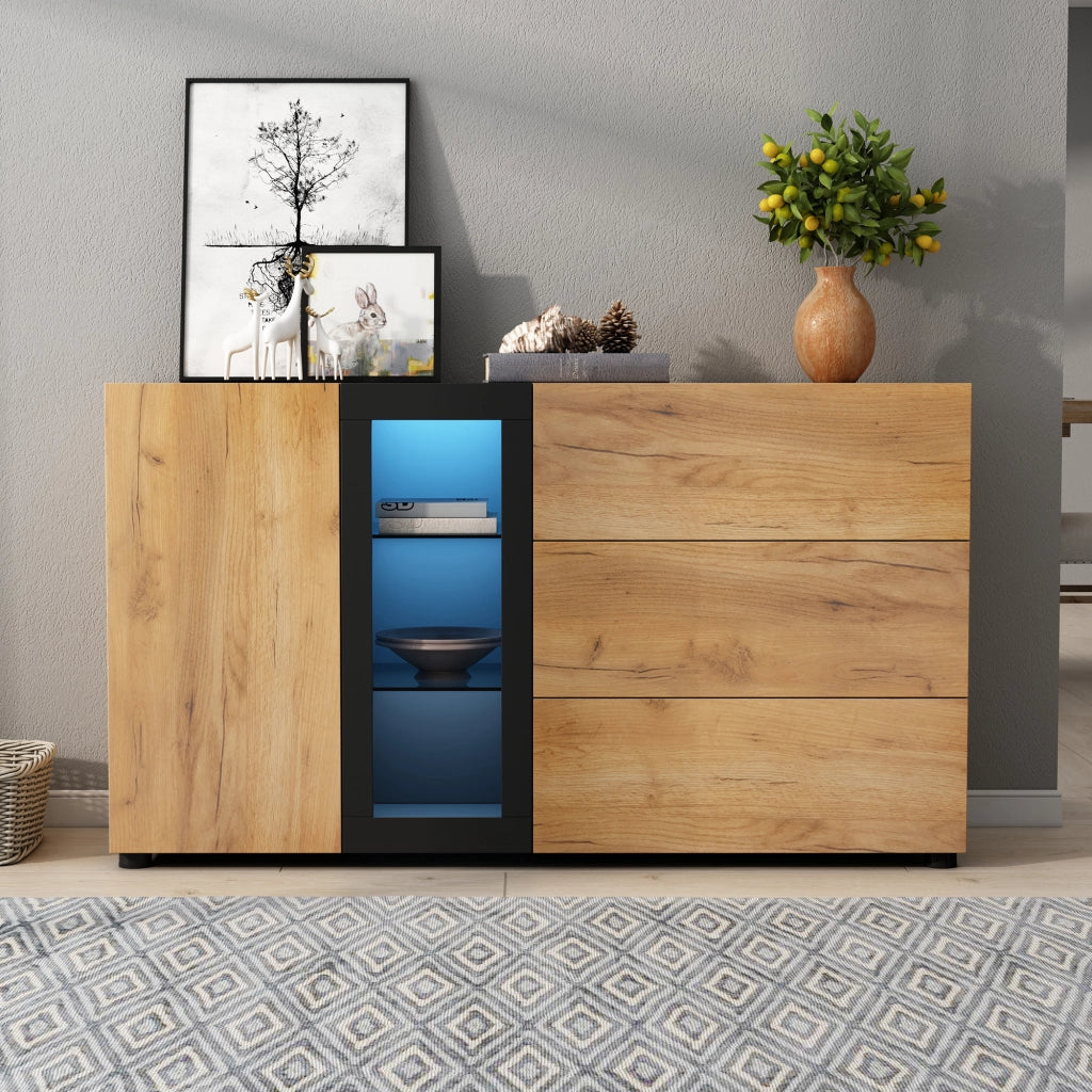 Sideboard moderno 140 cm con LED APP; 3 cassetti; ripiani in vetro; nero e marrone