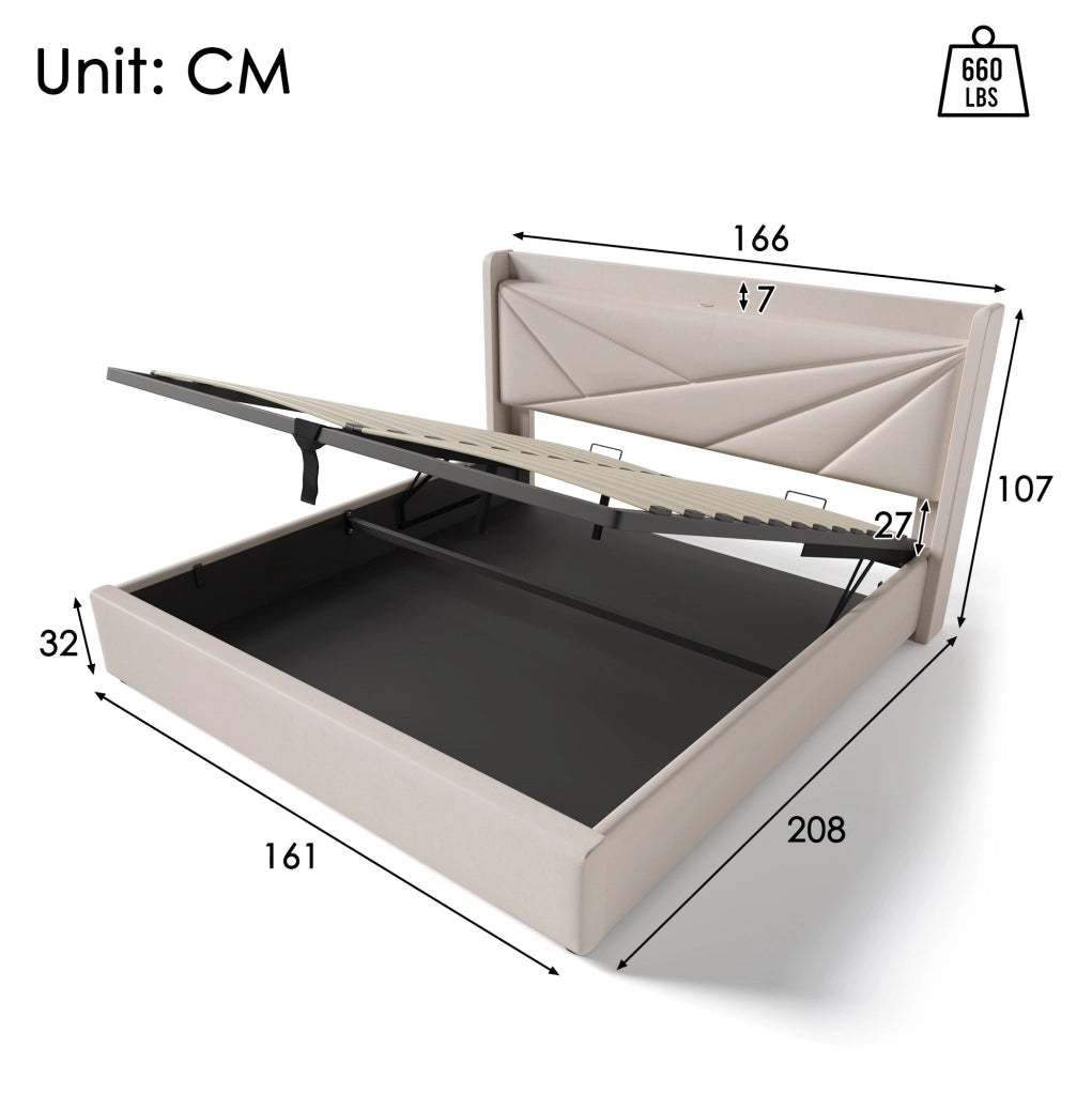 LETTO Contenitore 160x200 cm con USB e USB-C Beige in cotone e lino