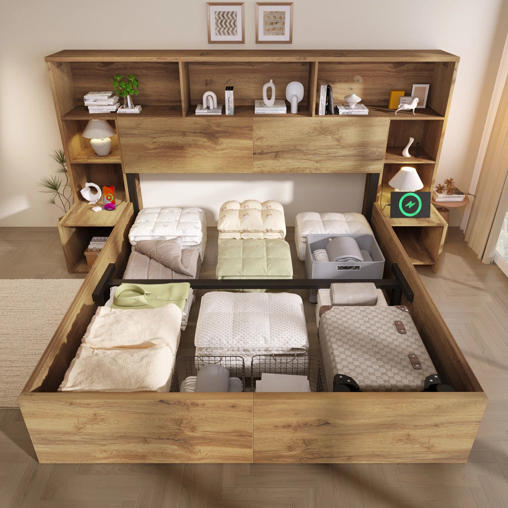 Letto matrimoniale con contenitore e rete a doghe legno rovere con comodini LED USB e USB-C