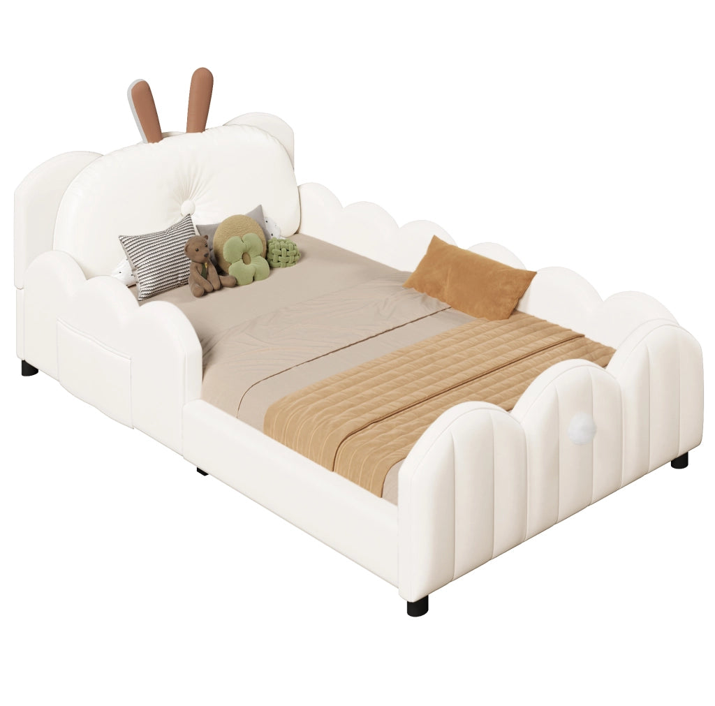 Letto a piattaforma imbottito 90x200 cm con cuscino a forma di coniglio; beige