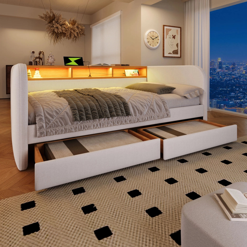 Letto imbottito 140x190 cm con LED e cassetti
