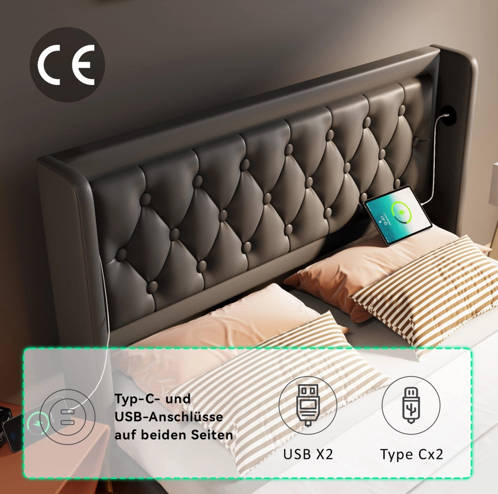 LETTO Contenitore 140x200 cm in PU Nero con USB e LED
