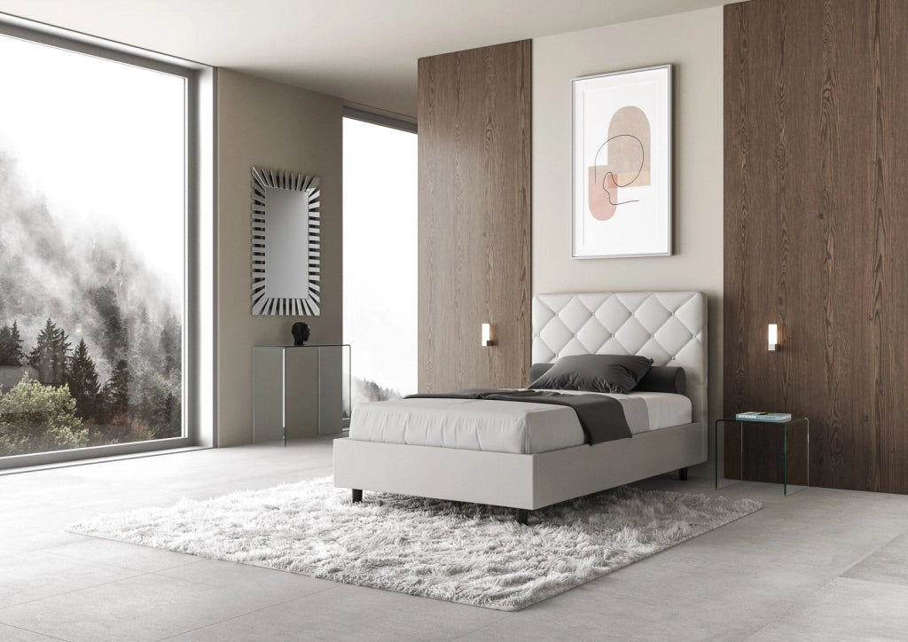 Letto Matrimoniale Francese 140x200 cm con Rete e Contenitore Priya Bianco