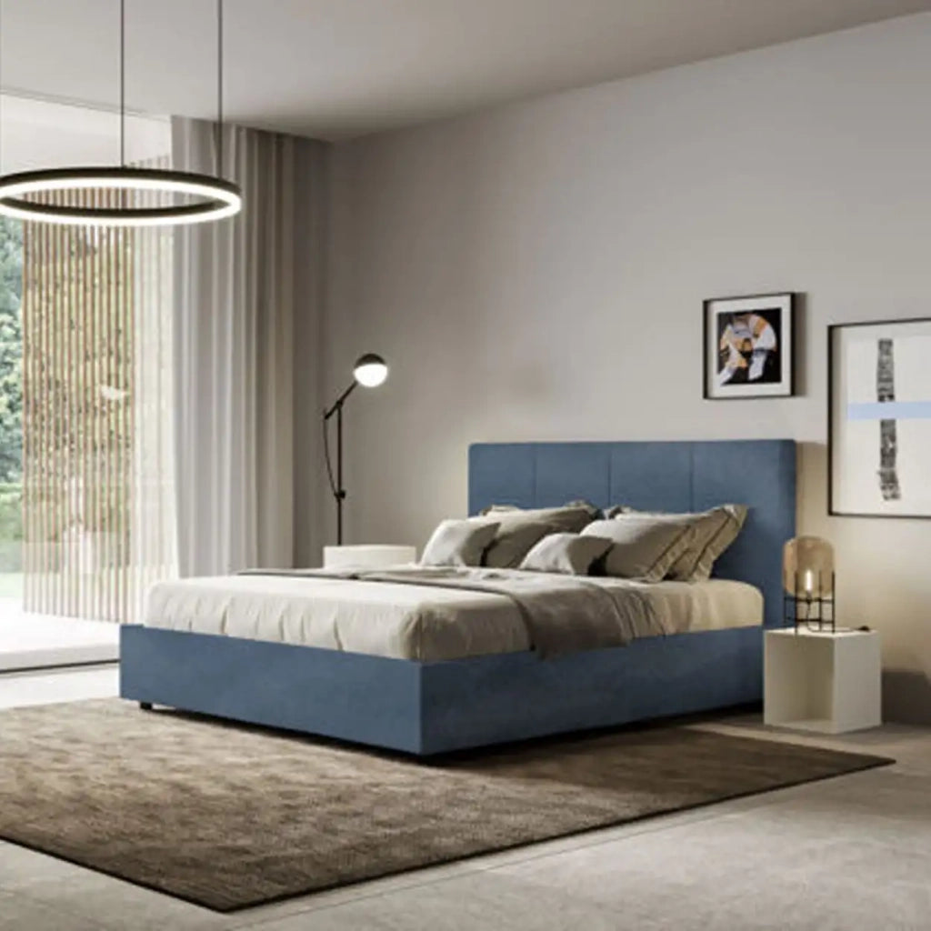 Letto matrimoniale senza rete imbottito 160x190 microfibra blu Mika