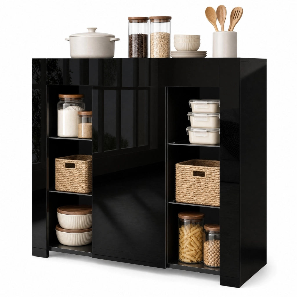 Credenza moderna nera con frontale lucido e ripiani in vetro; 95x35x83 cm