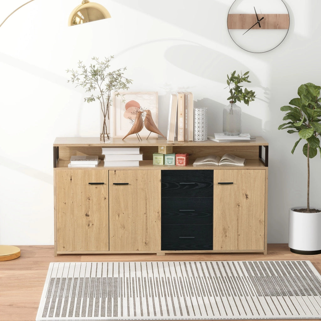 Sideboard moderno 150x35x75;9 cm con 3 porte e 3 cassetti; nero e colore legno