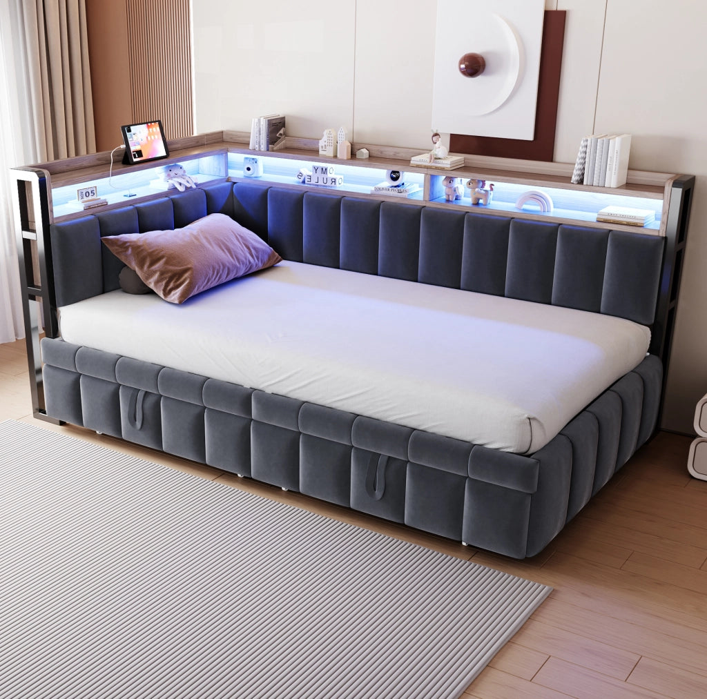 Divano letto estraibile 90x200 cm con LED, USB e Type-C grigio
