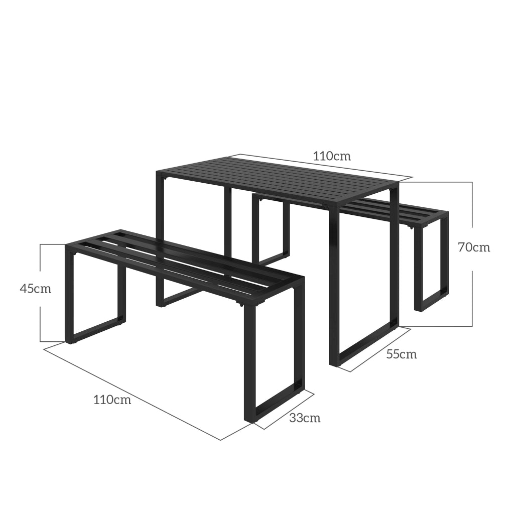 TAVOLO Set da 3 pezzi con 2 panche 110x55x70 cm metallo nero