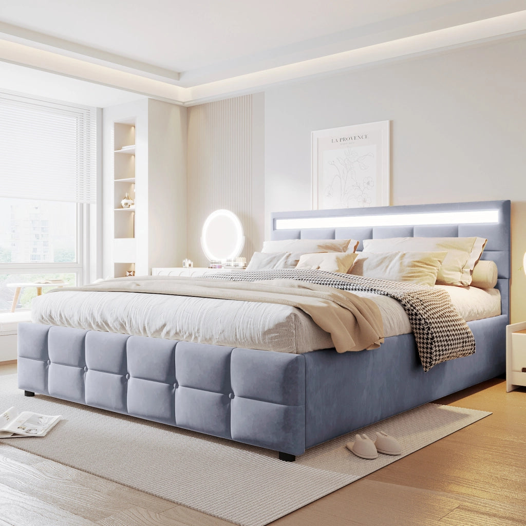 Letto imbottito 180x200 cm con contenitore idraulico e luci LED in velluto olandese grigio