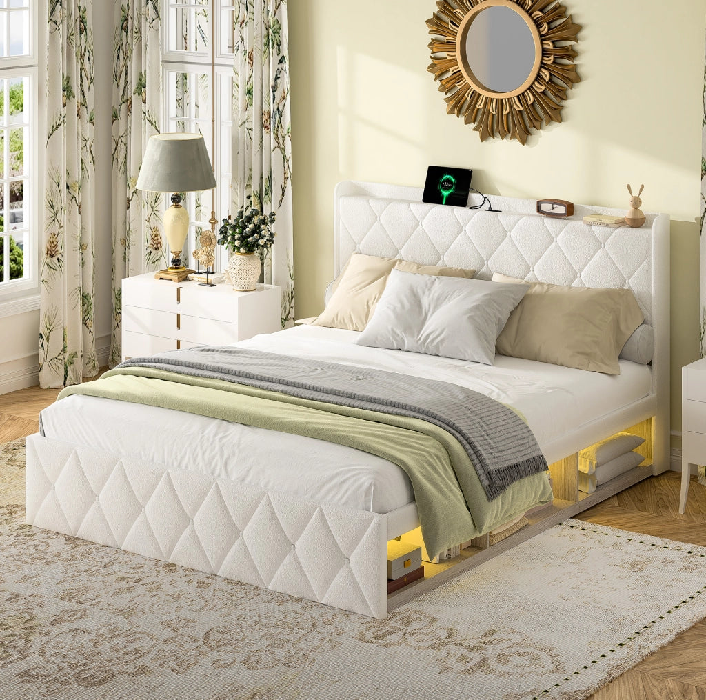 Letto matrimoniale 140x200 cm Teddy bianco con LED e ricarica USB