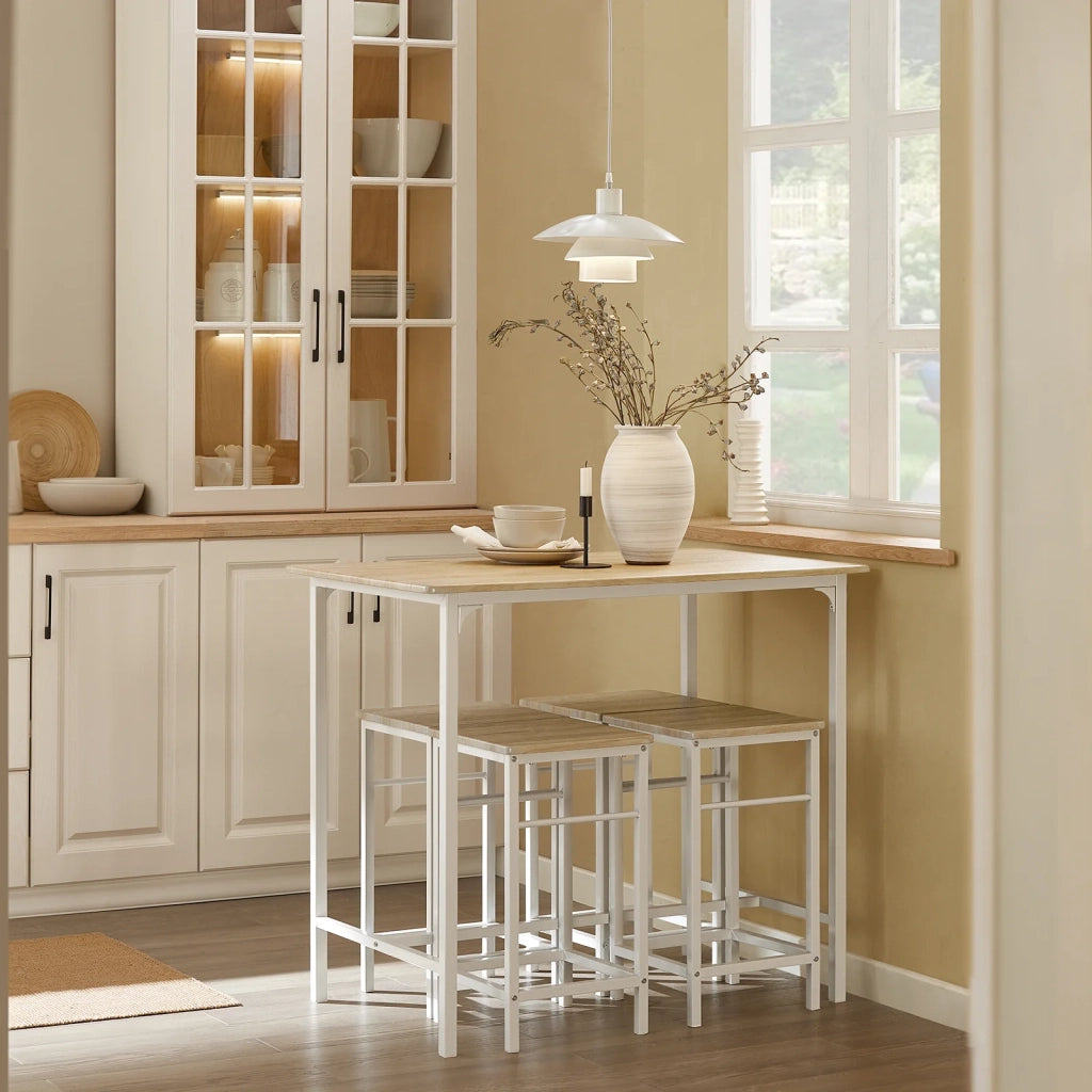 Set 5 Pezzi Tavolo con 4 sgabelli Mobile Bar per casa Stile Industriale L100*P60*A87 cm Bianco OGT11-WN
