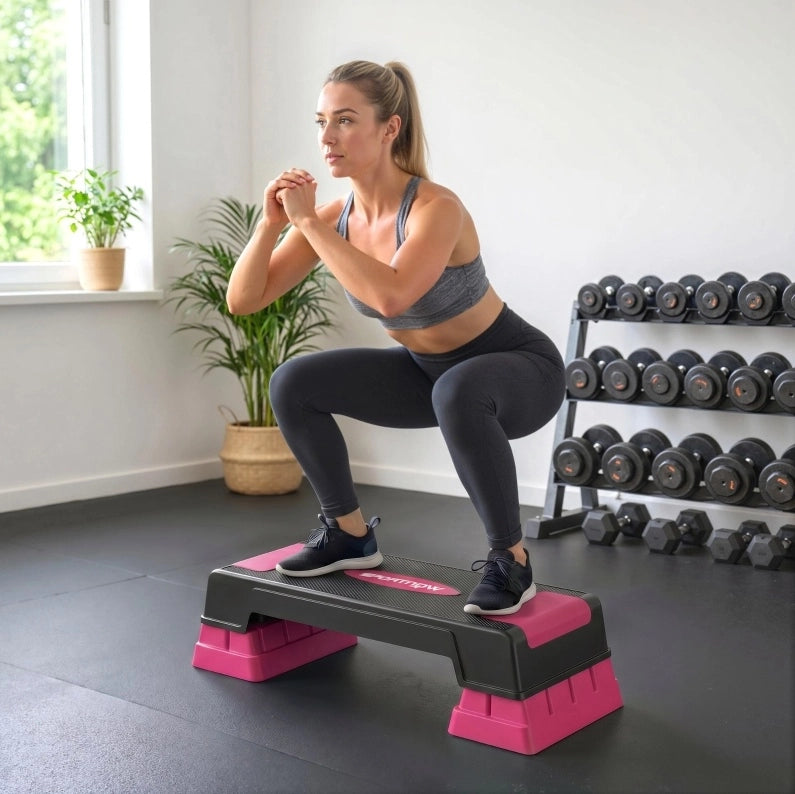 Stepper aerobico ULEVR regolabile su 3 altezze 12/17,5/22,5 cm, antiscivolo, portata 250 kg, rosa