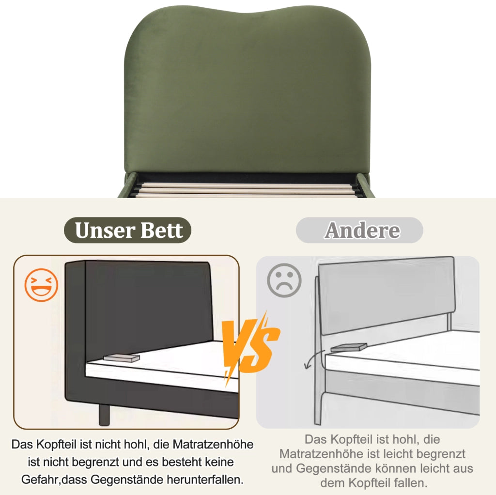 Letto imbottito per bambini verde in velluto con contenitore
