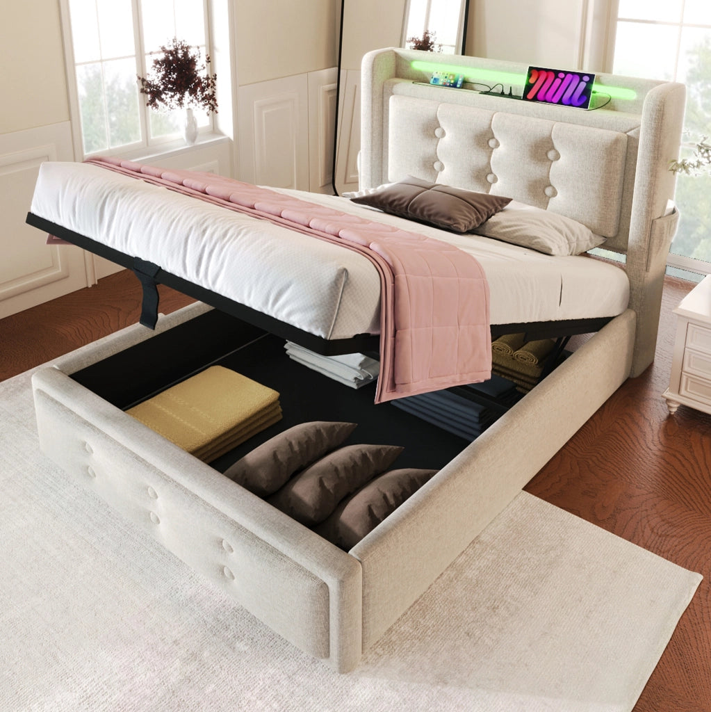 LETTO 90x200 cm Beige in cotone-lino con LED, prese, USB e Type C