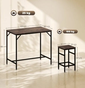TAVOLO BAR con 4 Sgabelli 100x60x88 cm Marrone Rustico e Nero