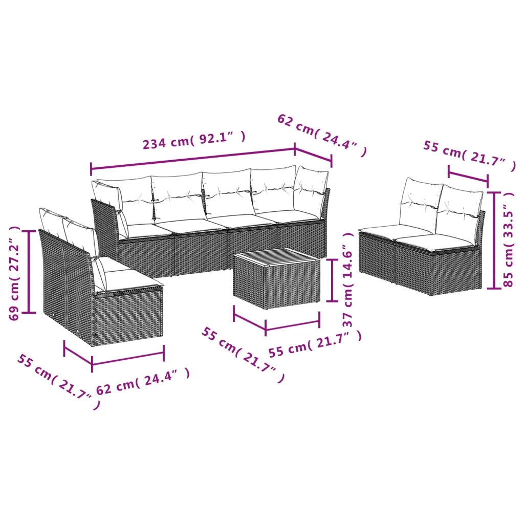 Set Divani da Giardino 9 pz con Cuscini Nero in Polyrattan 3255908