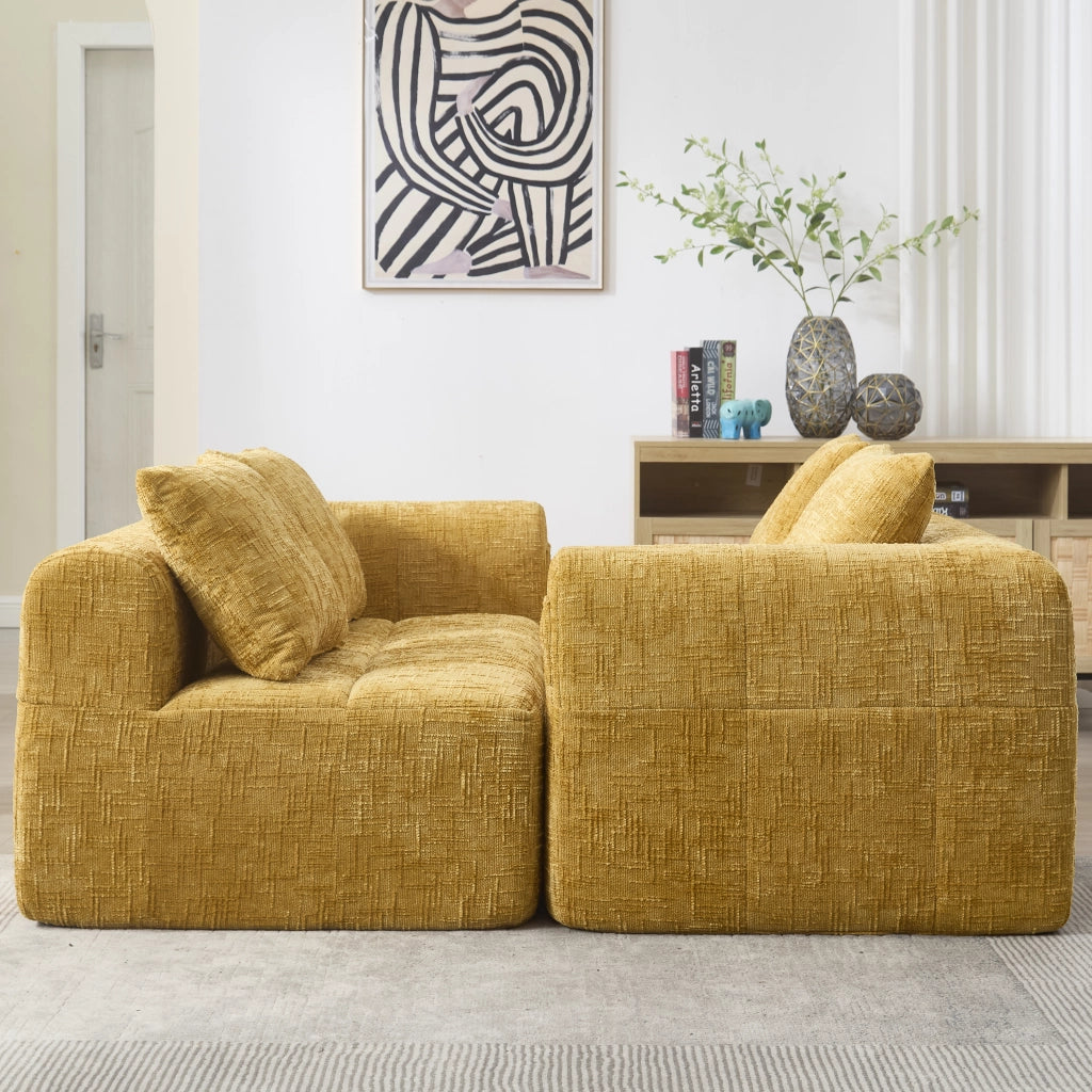 Divano componibile L in chenille gialla con chaise longue, tasche laterali e 3 cuscini