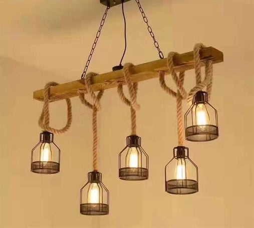 Lampadario Legno corda di canapa 5 Portalampada E27 MS05-5