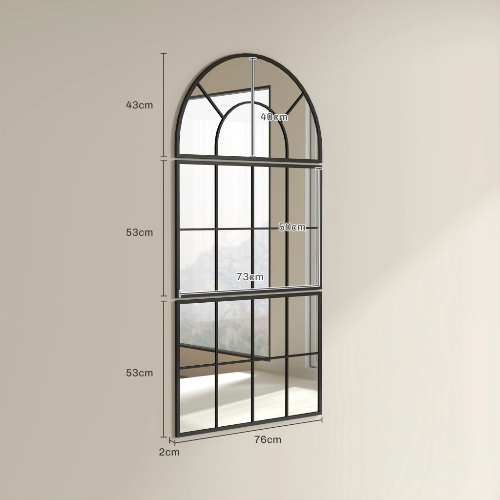 Specchio da parete a 3 pezzi con cornice in metallo nero e vetro da 4 mm; segmenti ad arco e rettangolari