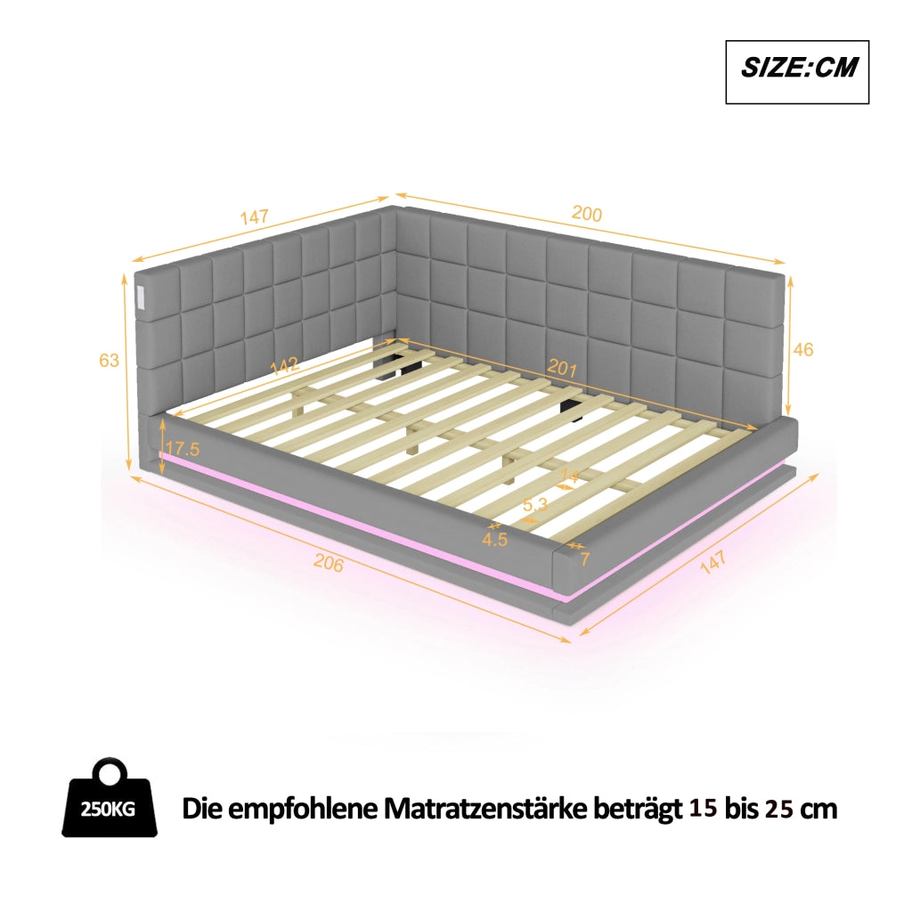 Divano letto 140x200 cm con LED multicolore e porta USB; rete a doghe; lino grigio